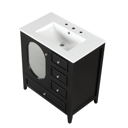 30" Bathroom Vanity with Sink, Bathroom Vanity Cabinet with Three Drawers and Door, Solid Wood and MDF, Black