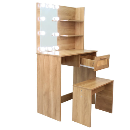 Vanity Desk Set Stool &amp; Dressing Table with LED Lighting Mirror Drawer and Wood Cosmetic Table Chest of Drawers Nature Color