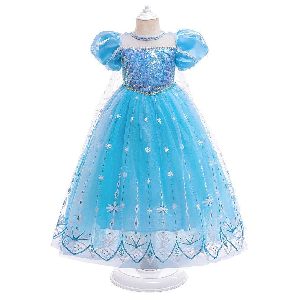 Frozen 2 Elsa Princess Dress Purple Bubble Sleeves Pearl Mesh Girls&