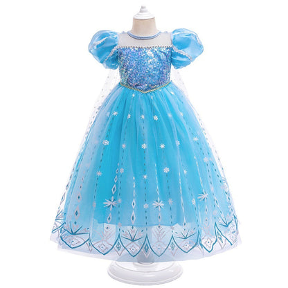 Frozen 2 Elsa Princess Dress Purple Bubble Sleeves Pearl Mesh Girls&