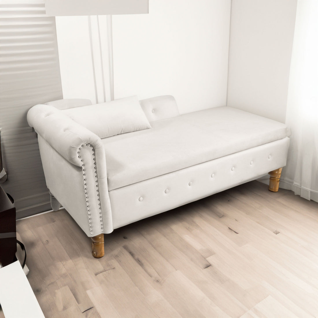 Beige Chaise Lounge Indoor Velvet Lounge Chair for Bedroom with Storage &amp; Pillow Modern Upholstered Rolled Arm Chase Lounge