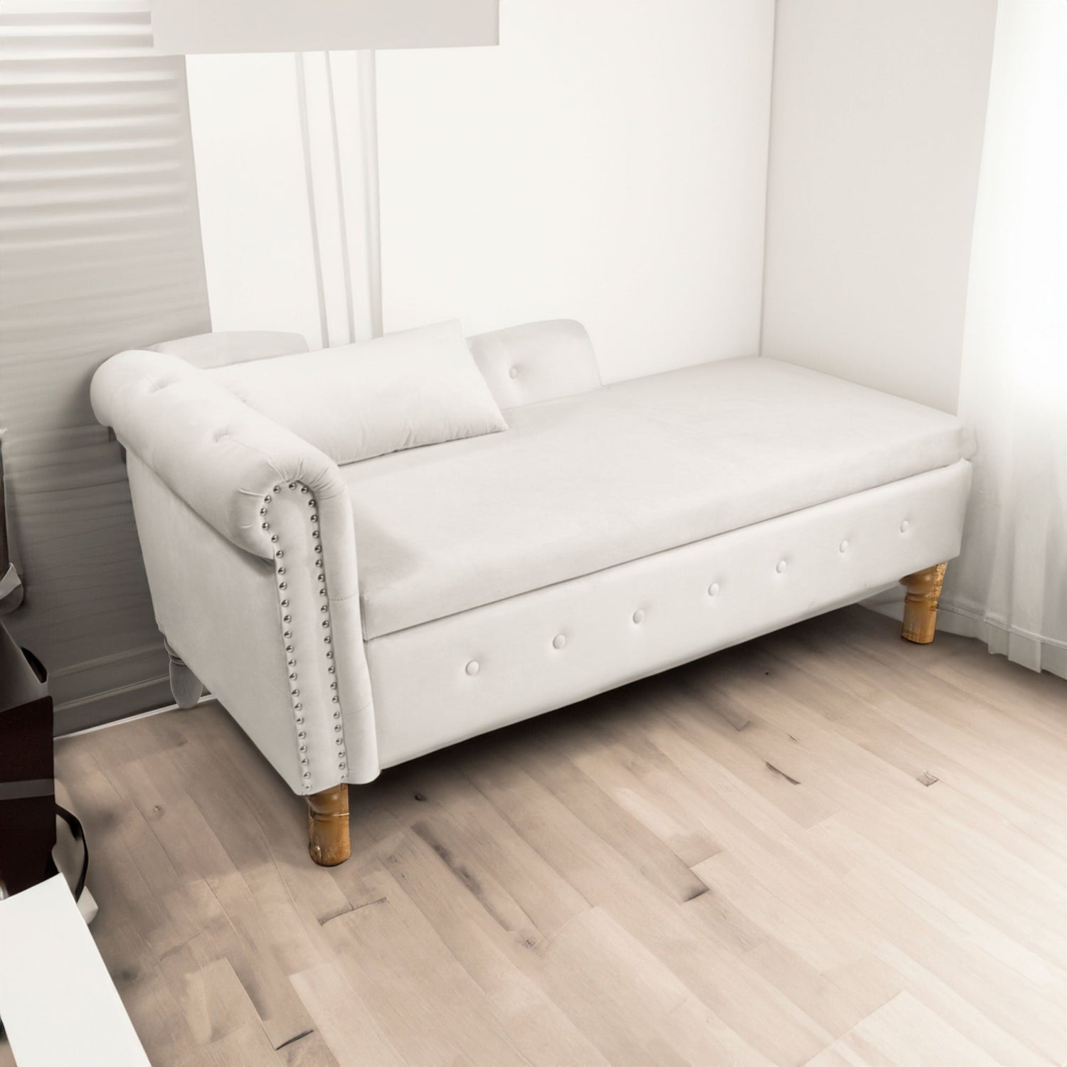 Beige Chaise Lounge Indoor Velvet Lounge Chair for Bedroom with Storage &amp; Pillow Modern Upholstered Rolled Arm Chase Lounge