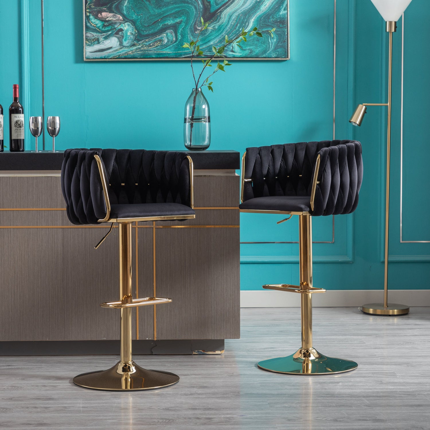 Set of 2 Bar Stools with Chrome Footrest and Base Swivel Height  Velvet + Golden Leg Simple Bar Stool-Black