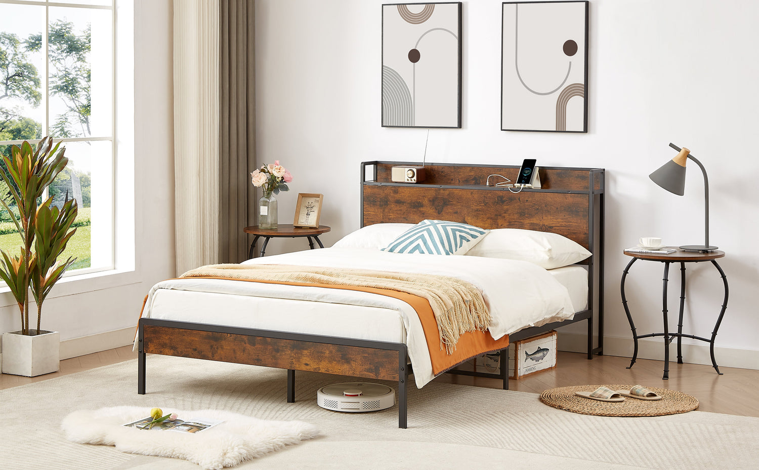 Bed frame with charging station full size, Rustic Brown, 83.1&