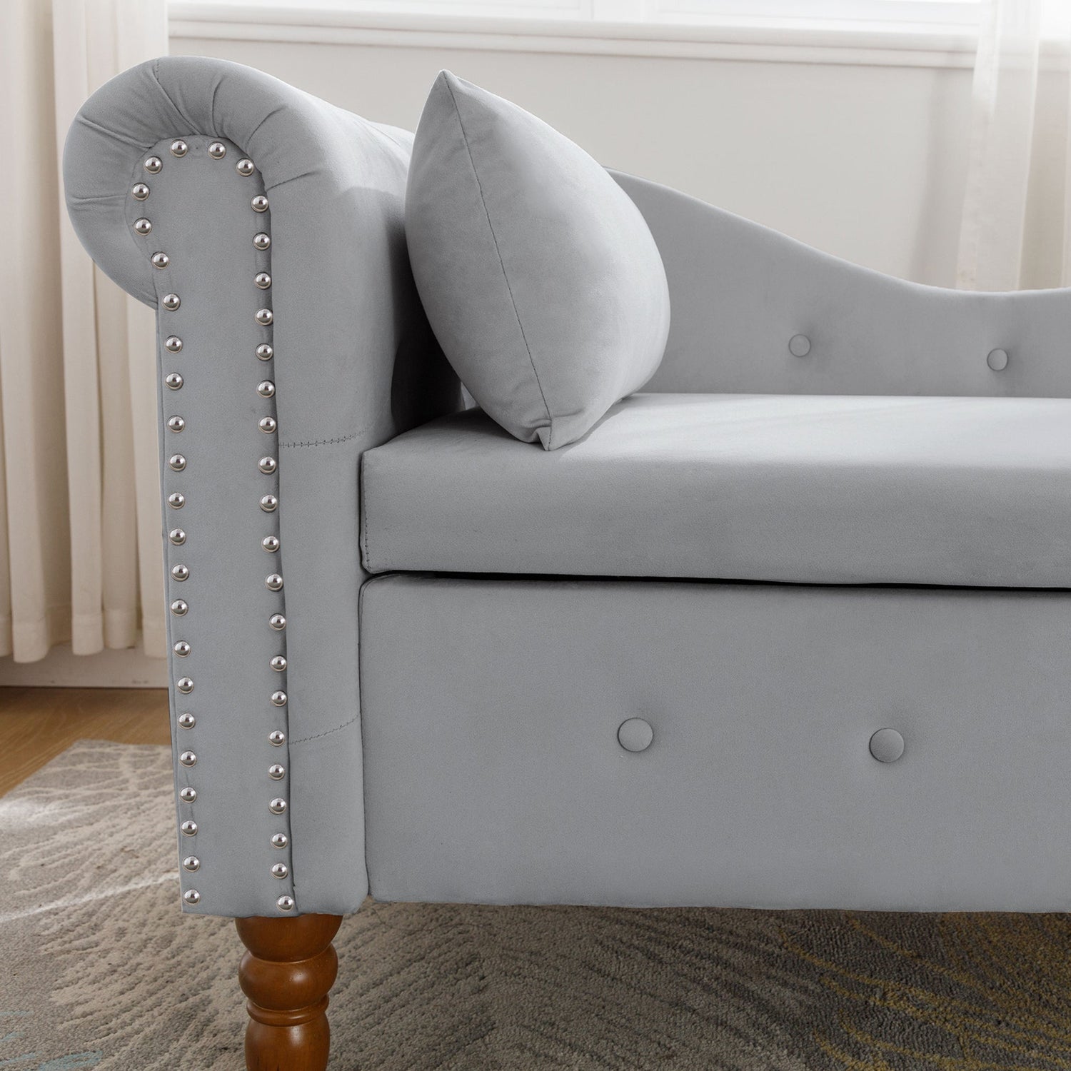 Grey Chaise Lounge Indoor Velvet Lounge Chair for Bedroom with Storage &amp; Pillow Modern Upholstered Rolled Arm Chase Lounge