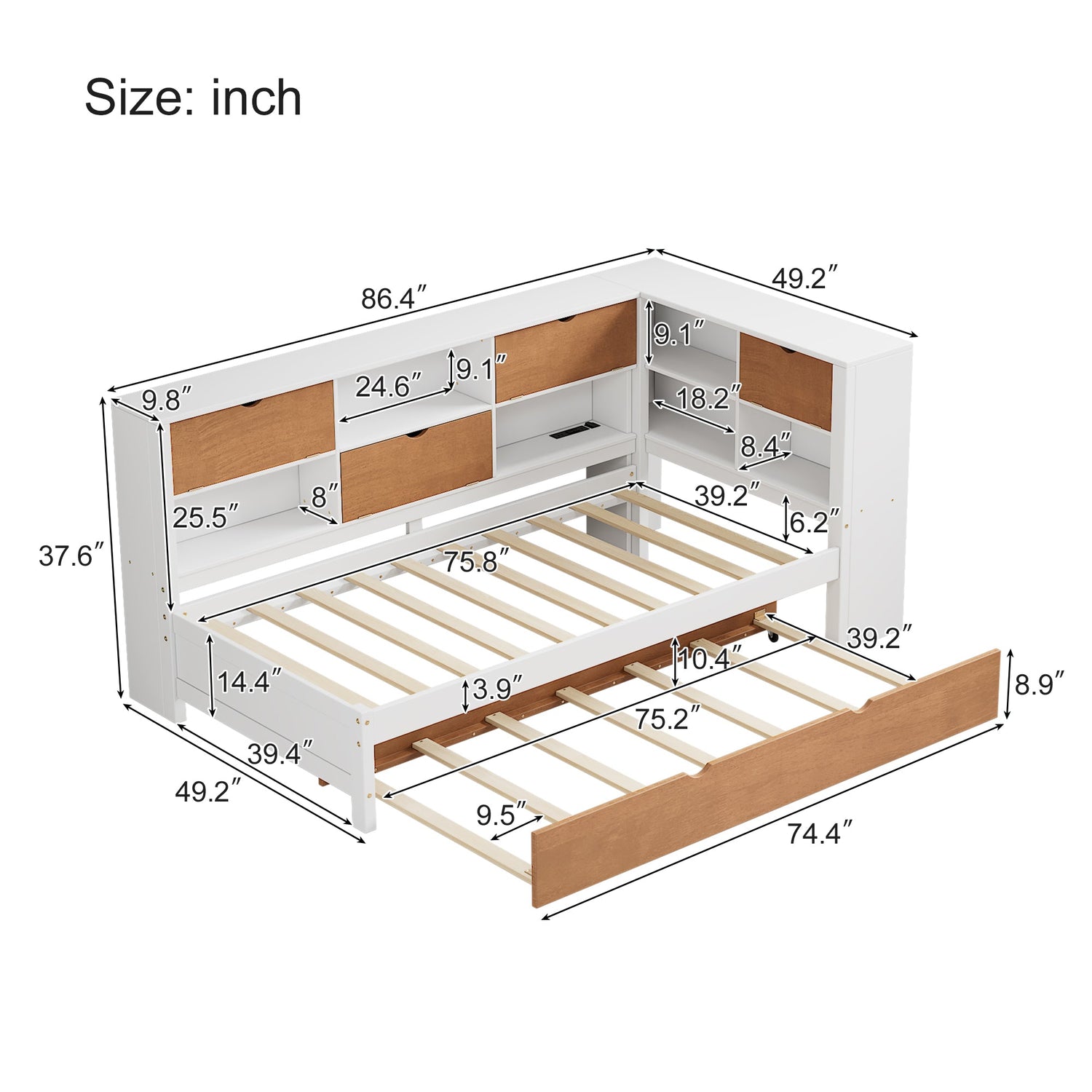 L-shaped bed frame with luggage and bookshelf, corner bed wooden captain&