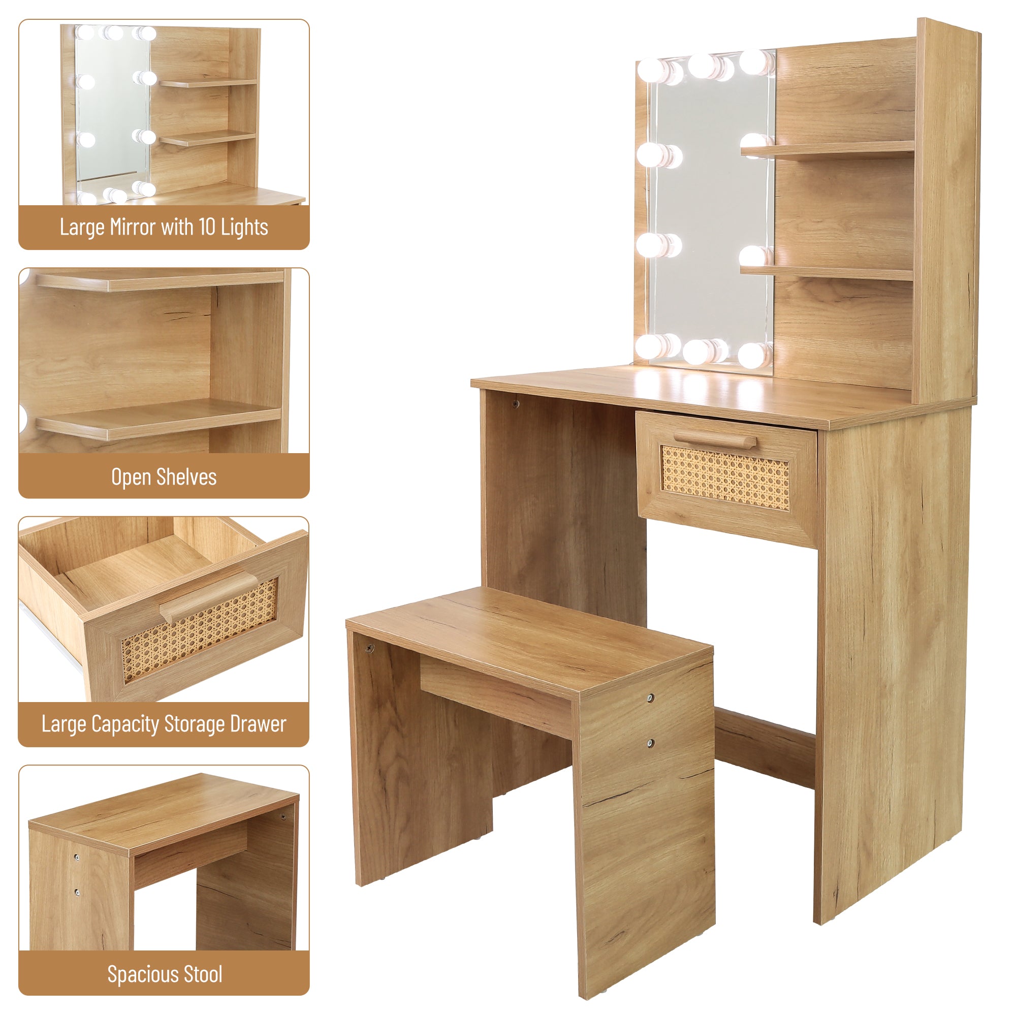 Vanity Desk Set Stool &amp; Dressing Table with LED Lighting Mirror Drawer and Wood Cosmetic Table Chest of Drawers Nature Color