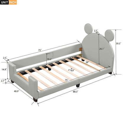 Twin Size Upholstered Daybed with Carton Ears Shaped Headboard  Grey