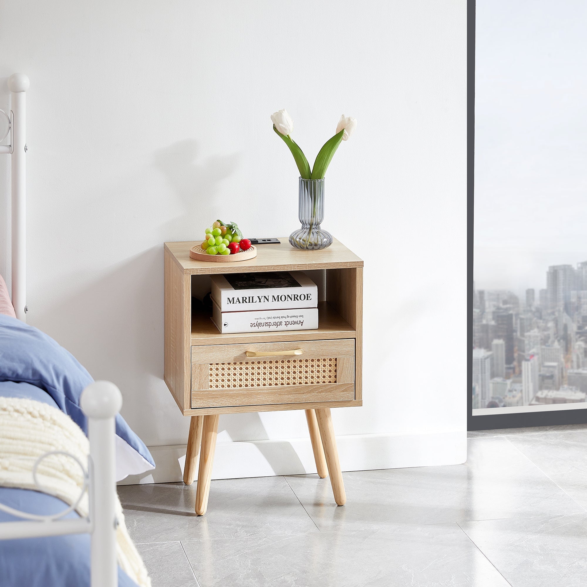 15.75" Rattan End table with Power Outlet &amp; USB Ports  Modern nightstand with drawer and solid wood legs