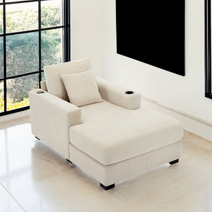 39.7" Oversized Chaise Lounger Modern Style Sofa Couch ,with Pillows, Charge Station &amp; Cup Holders, Chenille Fabric, Cream
