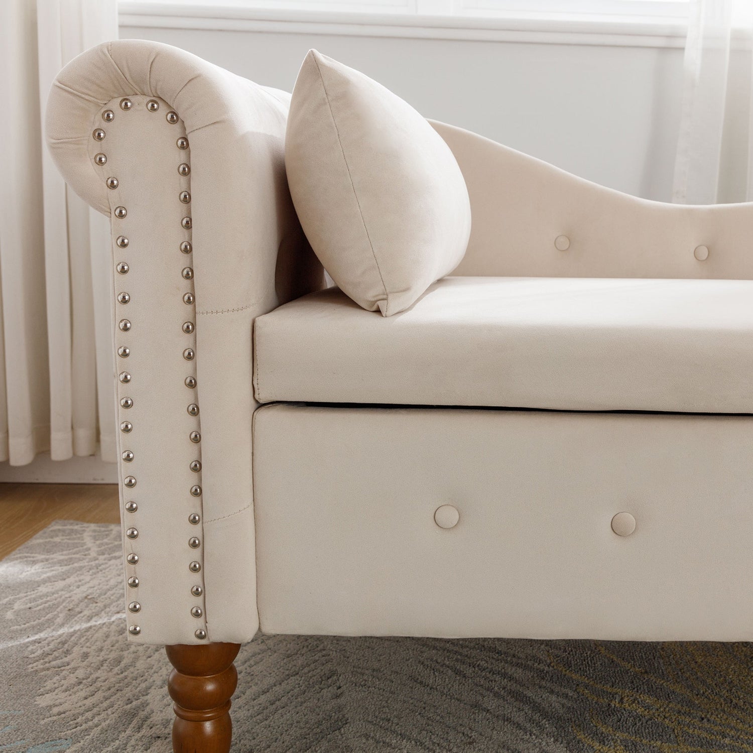 Beige Chaise Lounge Indoor Velvet Lounge Chair for Bedroom with Storage &amp; Pillow Modern Upholstered Rolled Arm Chase Lounge