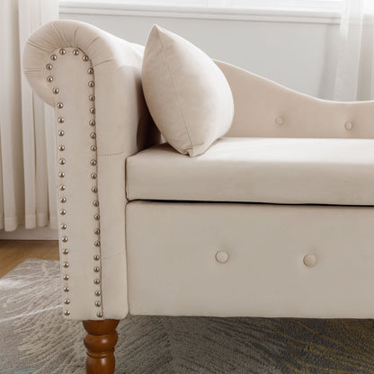 Beige Chaise Lounge Indoor Velvet Lounge Chair for Bedroom with Storage &amp; Pillow Modern Upholstered Rolled Arm Chase Lounge