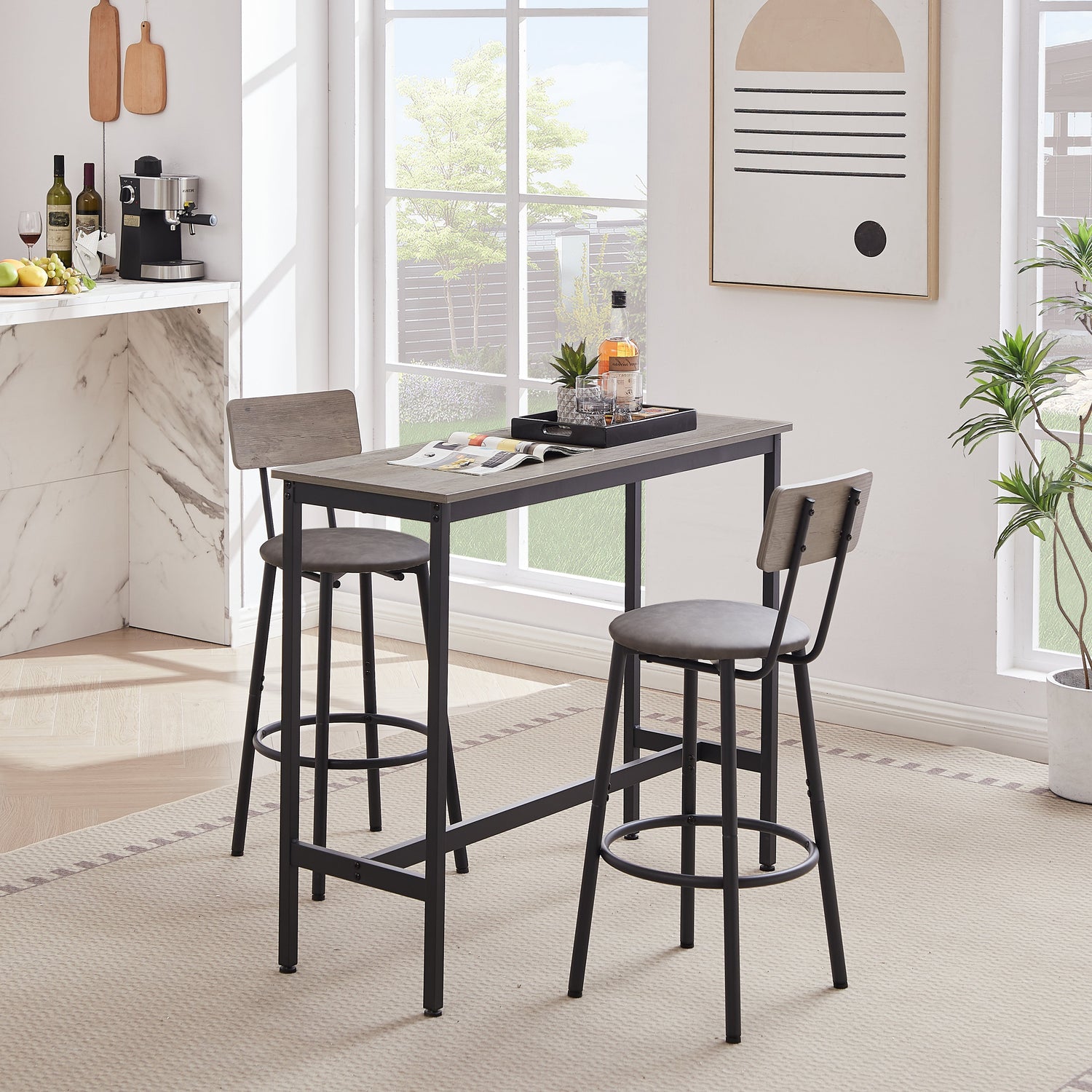 Bar Table Set with 2 Bar stools PU Soft seat with backrest Grey 43.31&