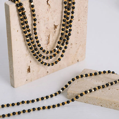 Square titanium steel gold-plated natural black agate stone handmade bead necklace jewelry for women