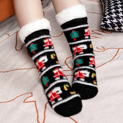 Christmas Floor Socks Indoor Home Sleep Winter Plush Thick Long Socks Women&