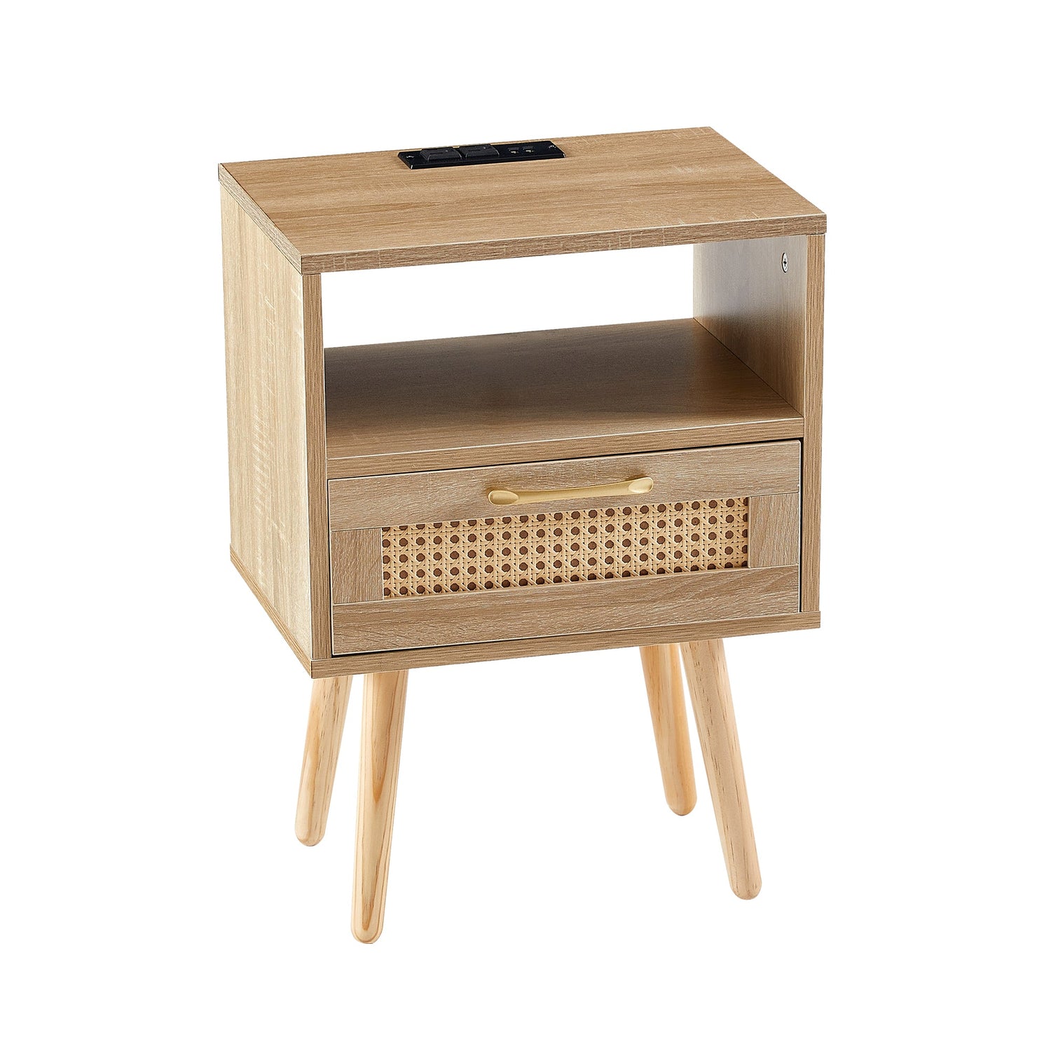 15.75" Rattan End table with Power Outlet &amp; USB Ports  Modern nightstand with drawer and solid wood legs
