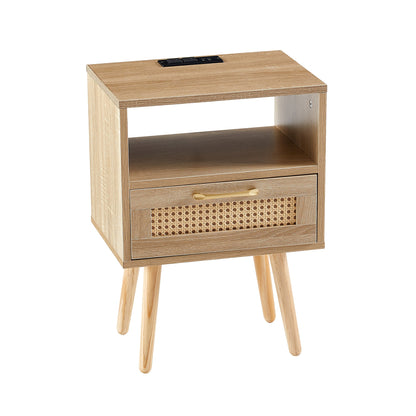 15.75" Rattan End table with Power Outlet &amp; USB Ports  Modern nightstand with drawer and solid wood legs