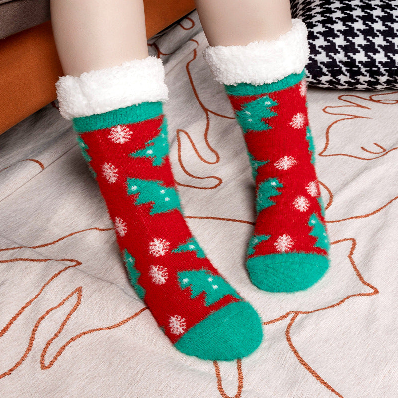 Christmas Floor Socks Indoor Home Sleep Winter Plush Thick Long Socks Women&