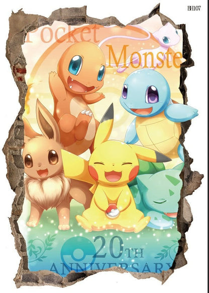 New 3D Pikachu Wall Sticker Pok é mon Wallpaper Self adhesive Cartoon Graffiti Anime Poster Children&
