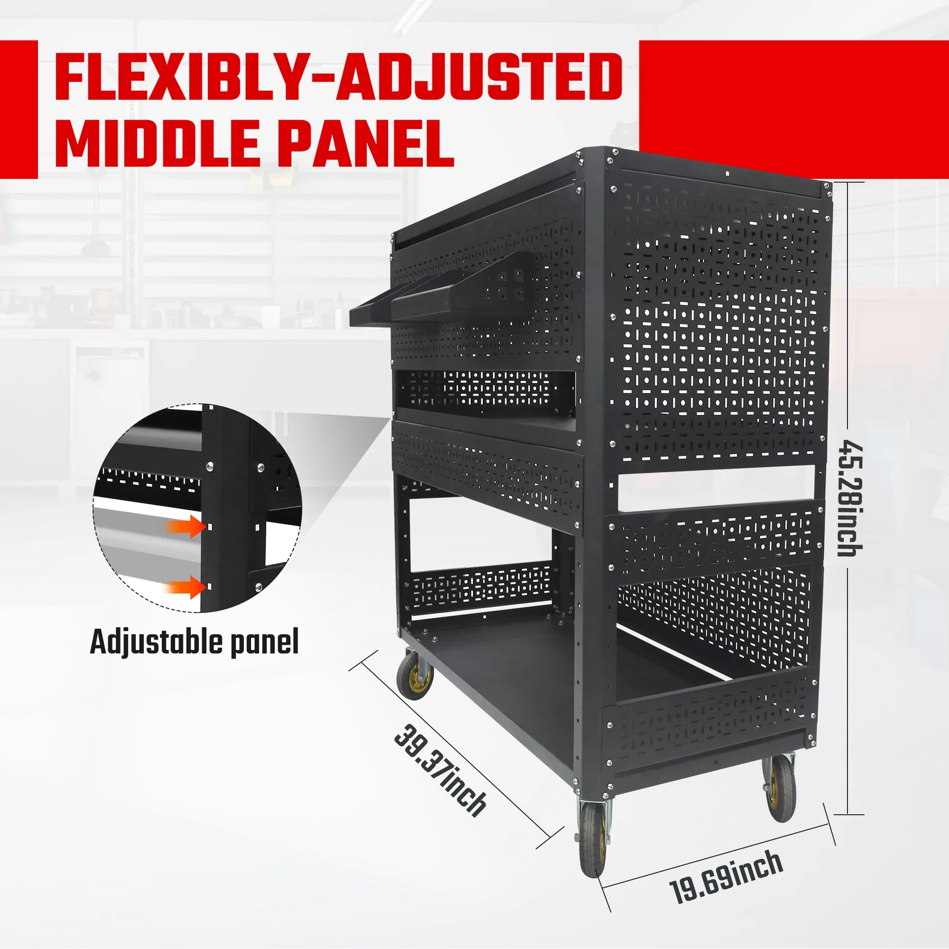 3-Tier Adjustable Rolling Tool Cart | Garage &amp; Workshop Organizer w/ Steel Pegboard