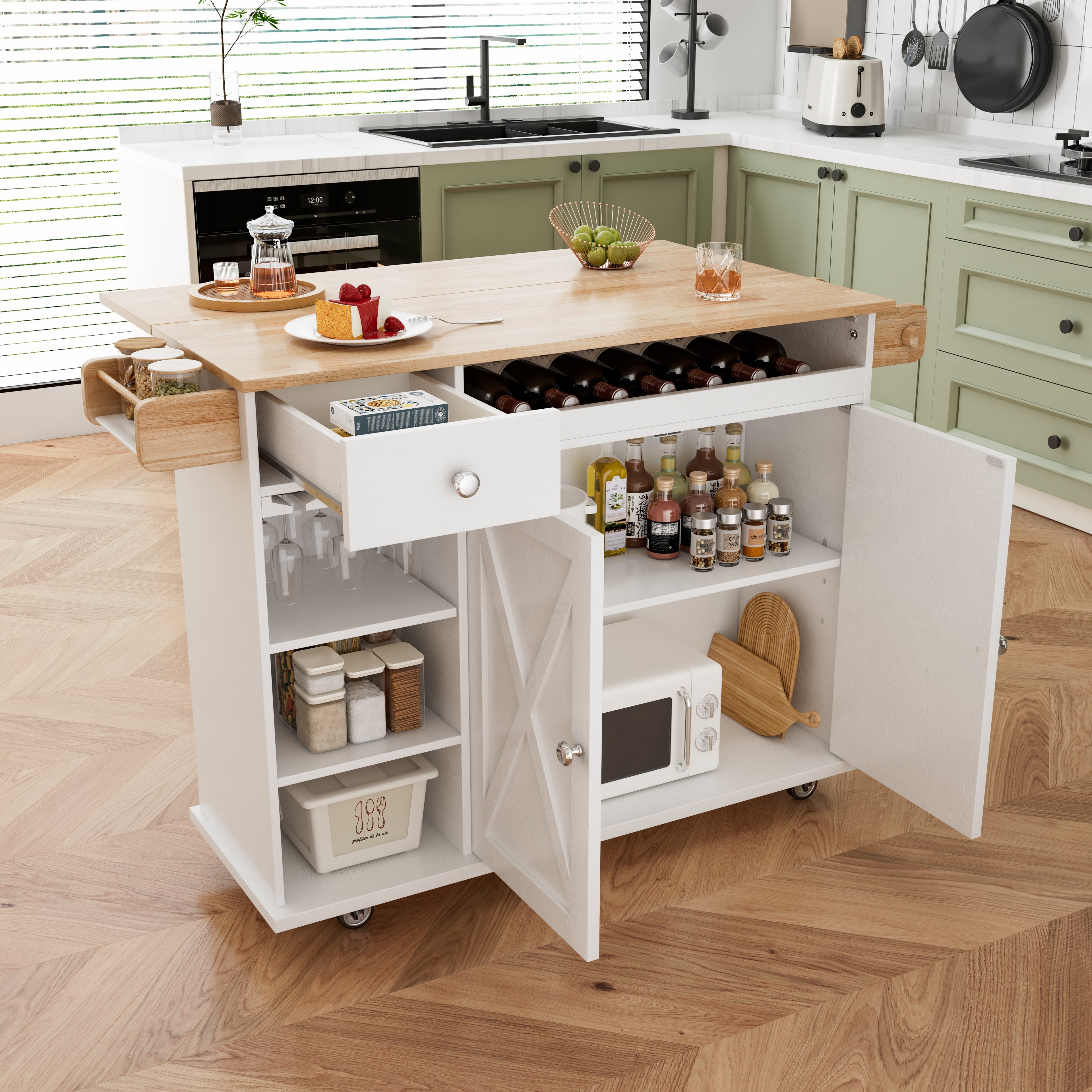 44 Inch Kitchen Island Cart with Solid Wood Top, Wine Storage, Spice Rack, Towel Rack, Wine Glass Holder White &amp; Oak