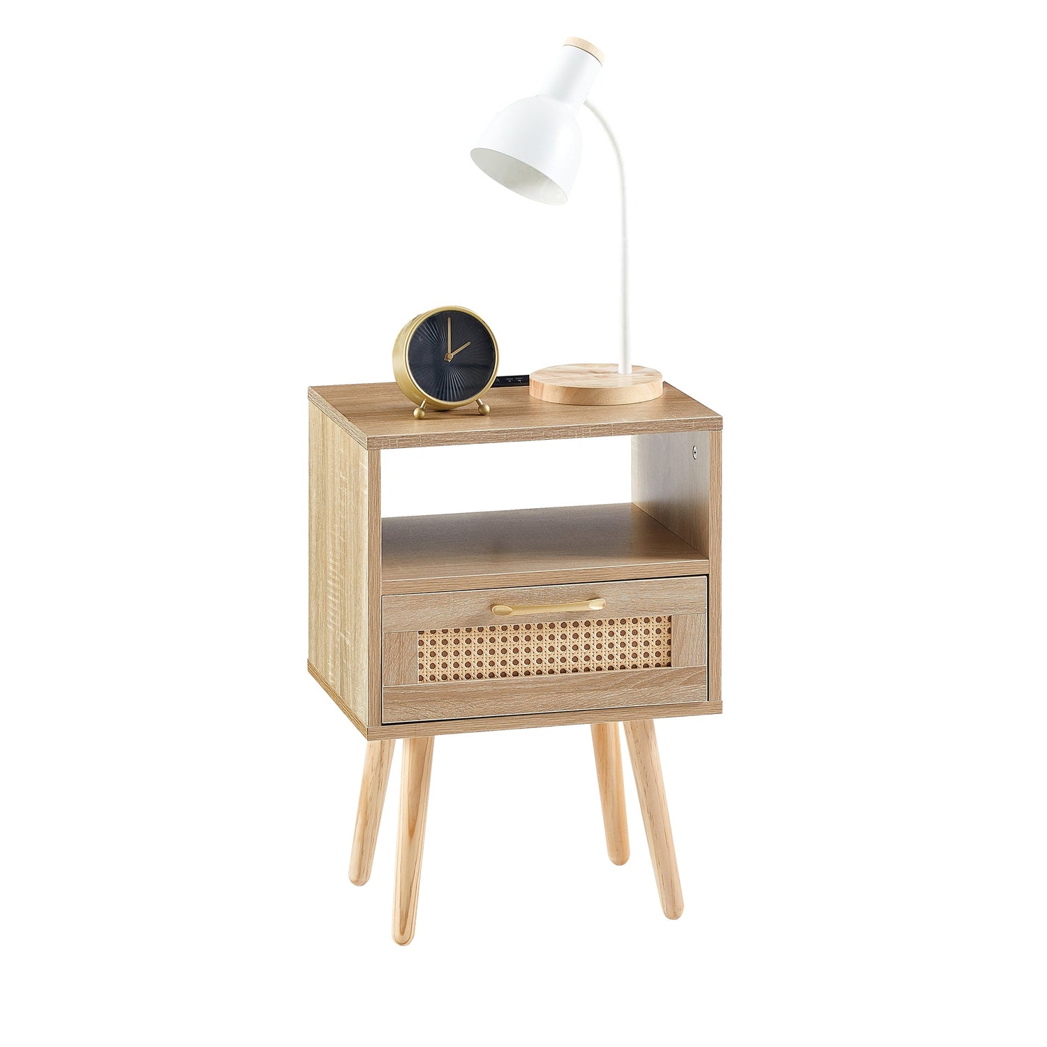 15.75" Rattan End table with Power Outlet &amp; USB Ports  Modern nightstand with drawer and solid wood legs