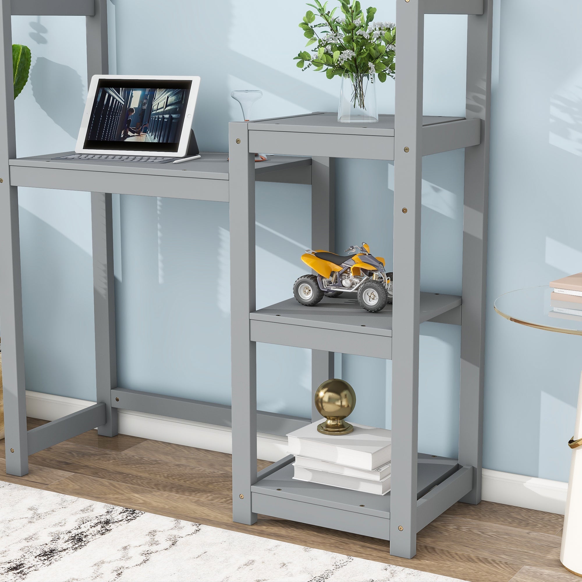 House-shaped Wooden writing Desk,Kids study Table,Bookshelf &amp; Toy Storage,Grey