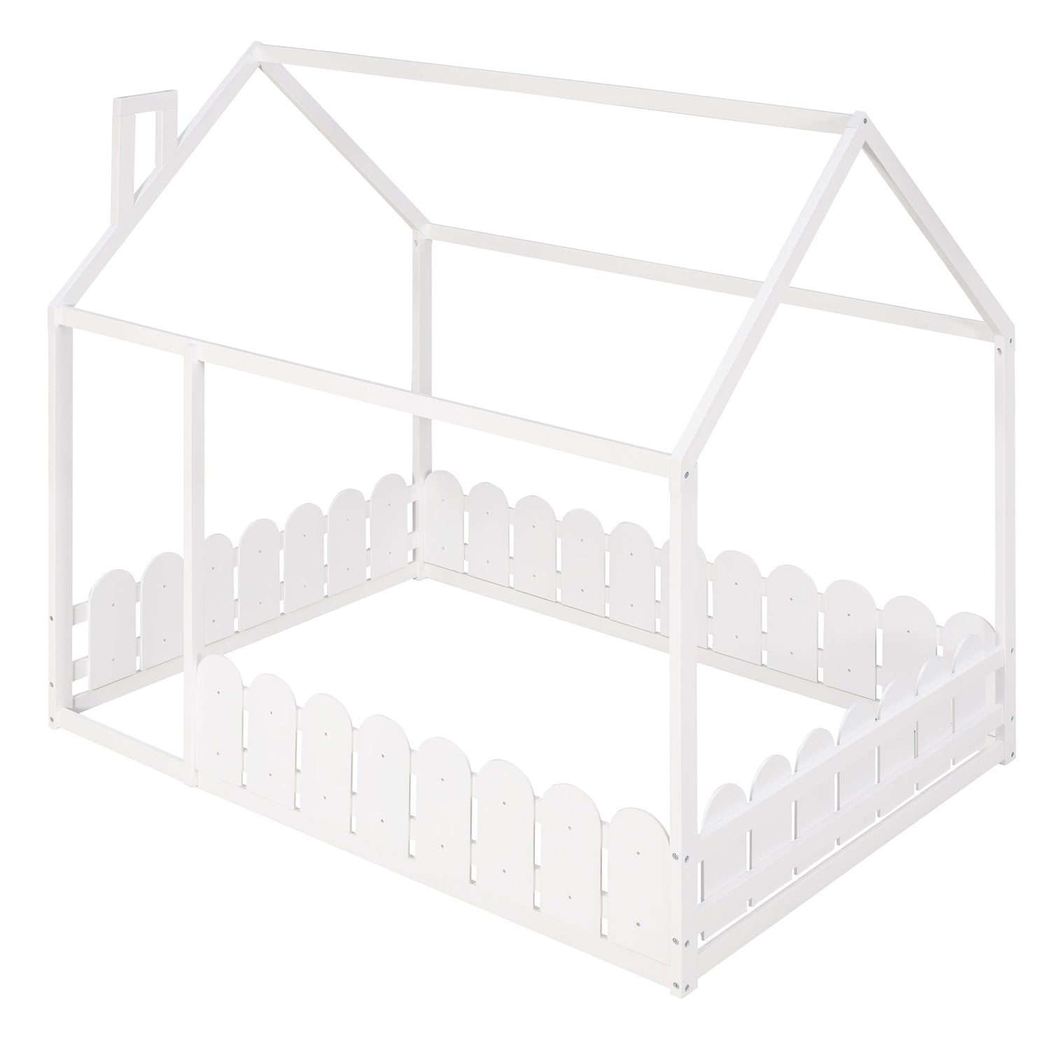 (Slats are not included) Full Size Wood Bed House Bed Frame with Fence for Kids Teens Girls Boys (White )