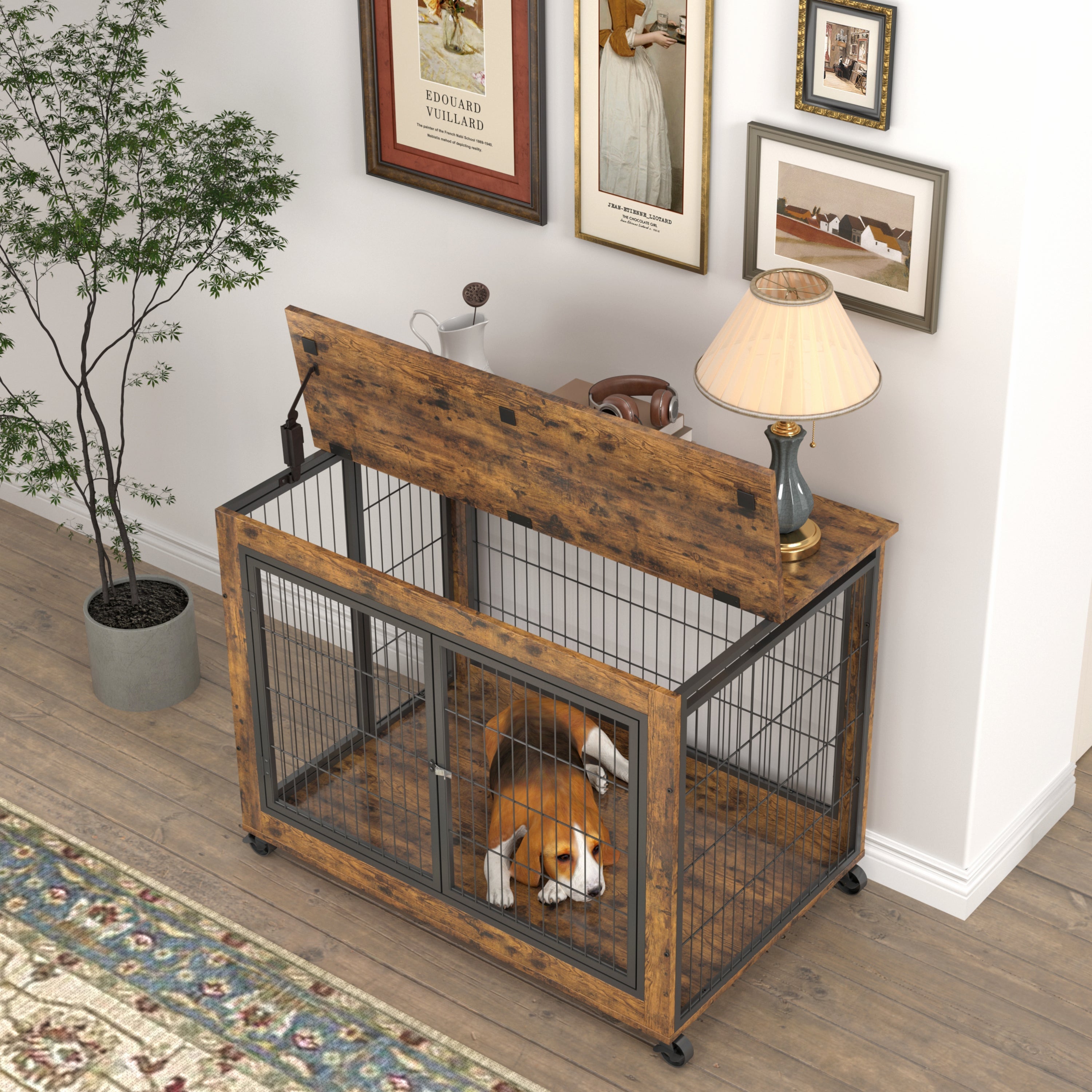 Furniture Dog Cage Crate with Double Doors, Rustic Brown, 38.58&