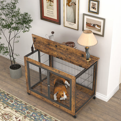 Furniture Dog Cage Crate with Double Doors, Rustic Brown, 38.58&