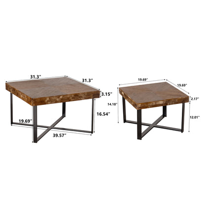 31.3"Modern Retro Splicing Square Coffee Table  Fir Wood Table Top with Cross Legs Metal Base (Set of 2 pcs )