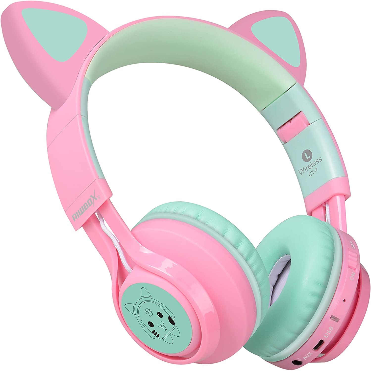 CT-7 Cat Ear Kids Bluetooth Headphones, LED Light up Bluetooth Wireless over Ear Headphones with Microphone and Volume Control for Travel/School/Smartphones/Laptop/Pc/Tv (Pink&amp;Green)