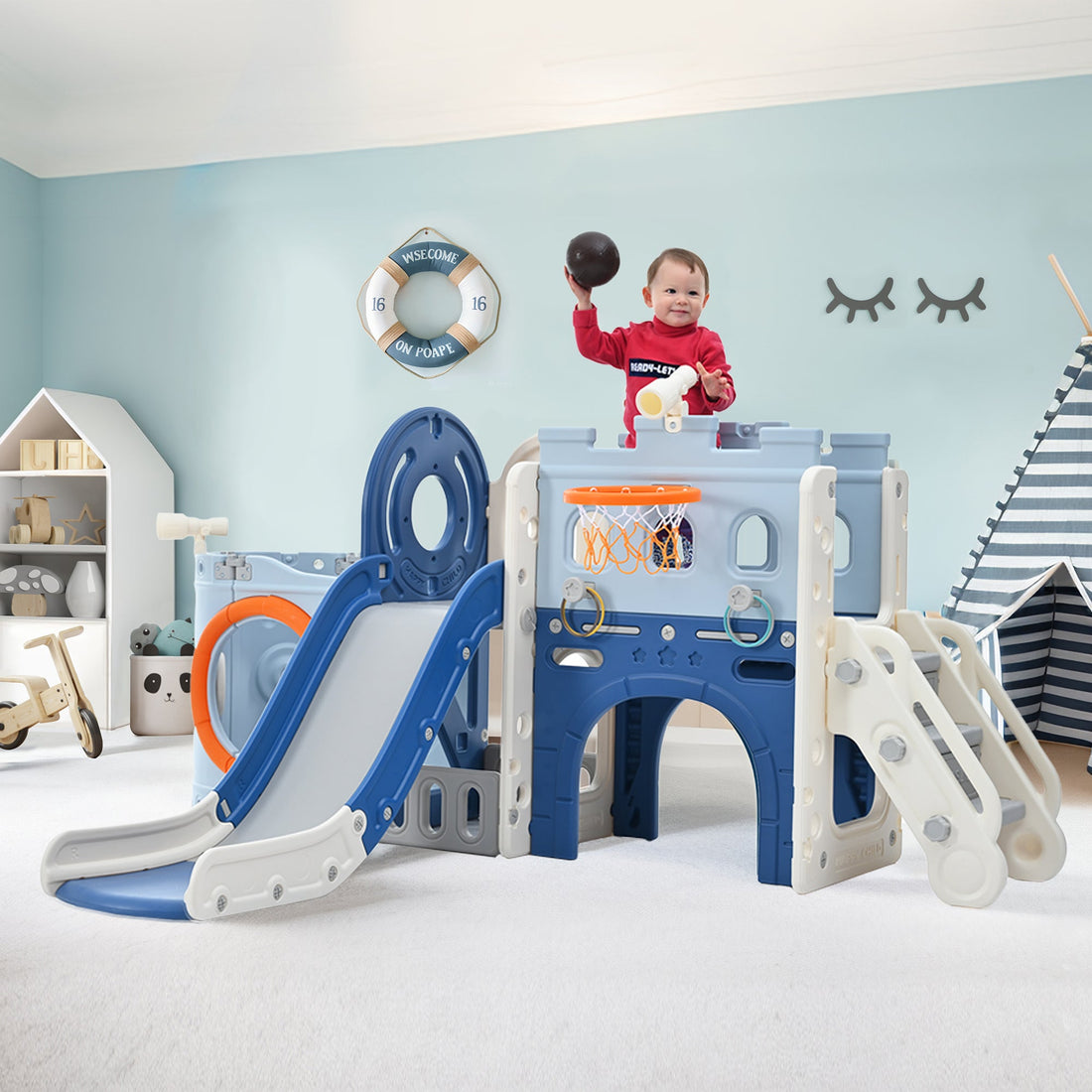 10-1 Toddler Slide Set,Kids Slide for Toddlers Ages 1+, Basketball Hoop Pirate Ship Themed Slide with Ship Head Indoor&amp; Outdoor