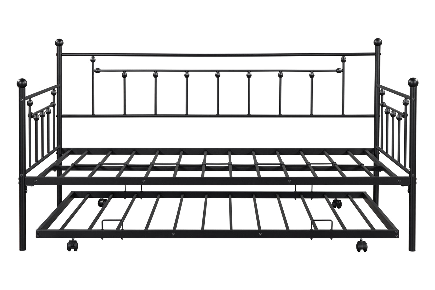 Metal double bed with ear shaft/sturdy/noise reduction/flexible ear shaft/retro style/no need for spring box (Black)
