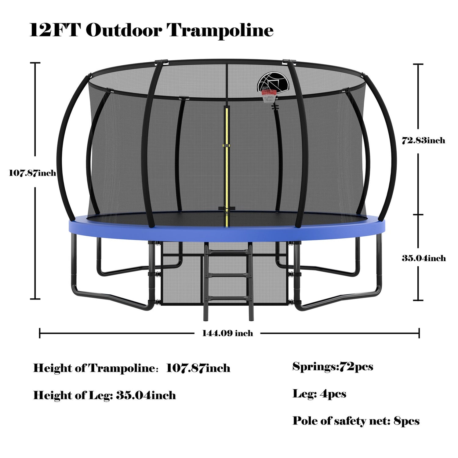 12FT Recreational Kids Trampoline with Safety Enclosure Net &amp; Ladder, Outdoor Recreational Trampolines