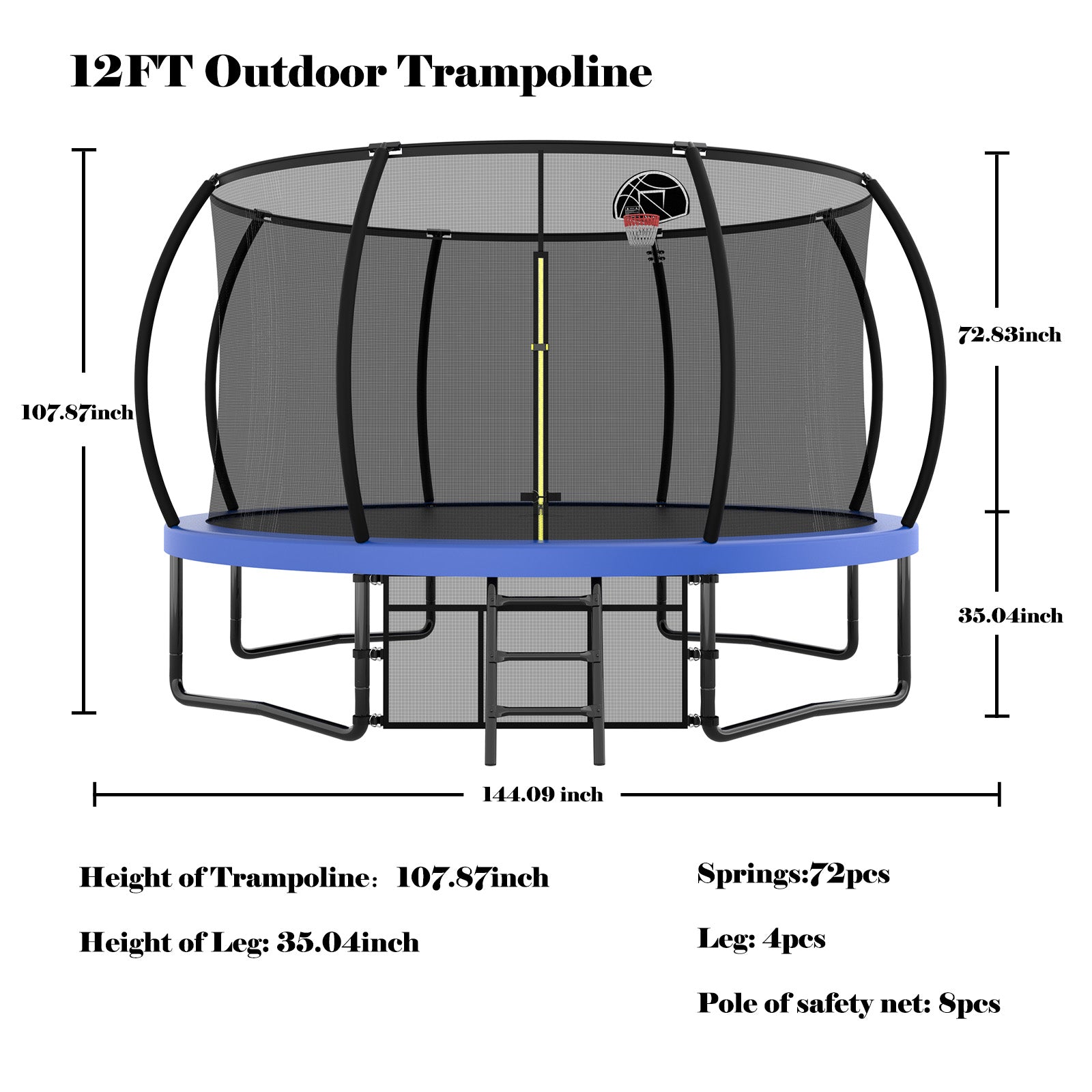 12FT Recreational Kids Trampoline with Safety Enclosure Net &amp; Ladder, Outdoor Recreational Trampolines