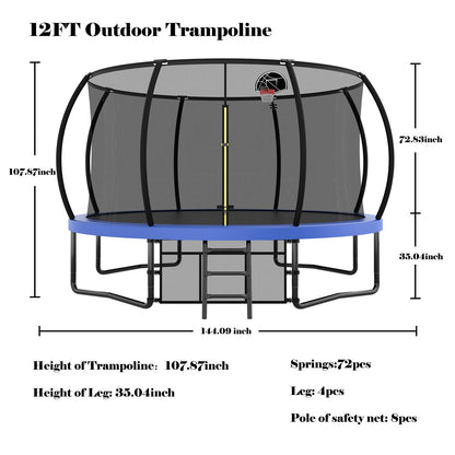 12FT Recreational Kids Trampoline with Safety Enclosure Net &amp; Ladder, Outdoor Recreational Trampolines