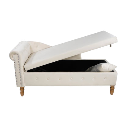 Beige Chaise Lounge Indoor Velvet Lounge Chair for Bedroom with Storage &amp; Pillow Modern Upholstered Rolled Arm Chase Lounge