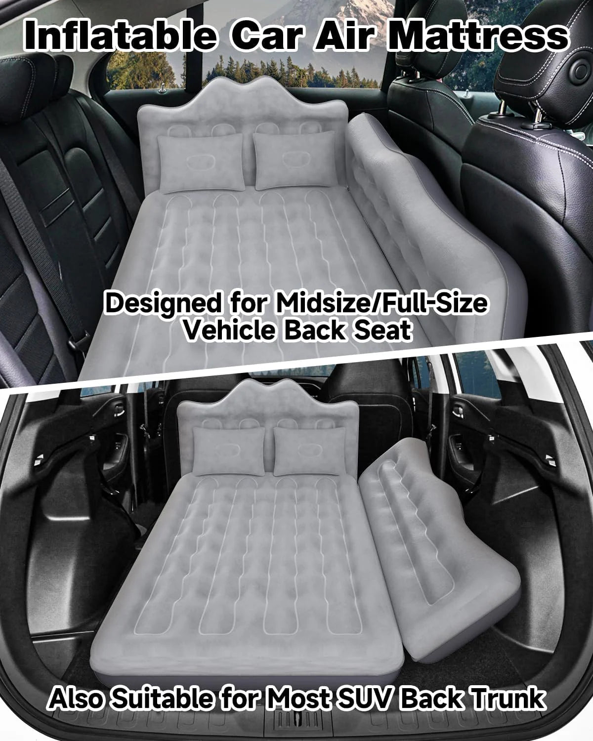 Umbrauto 29.53in/75cm Wide Car Air Mattress – Inflatable SUV, Truck &amp; Van Back Seat Camping Bed with Pump &amp; Pillows, Gray