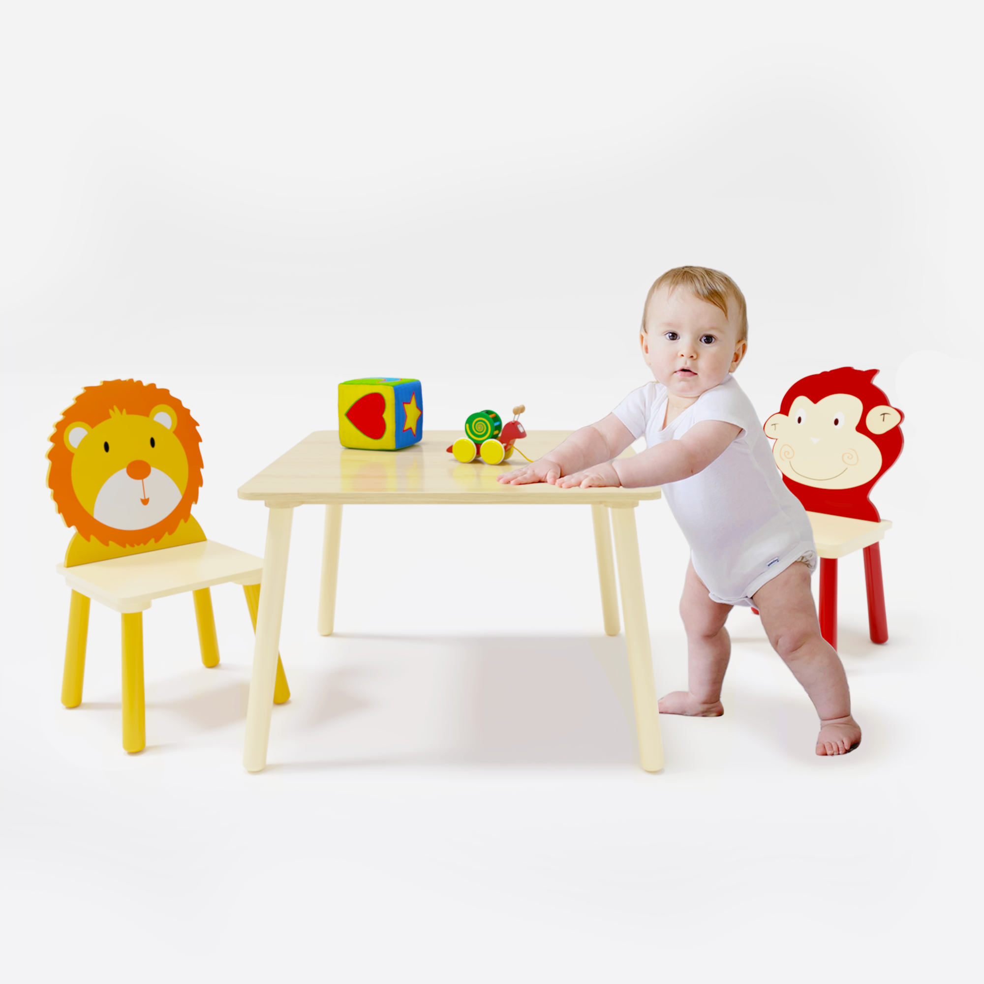 Kids Table and 2 Chairs Set 3 Pieces Toddler Table and Chair Set Wooden Activity Play Table Set (Lion&amp;Monkey)