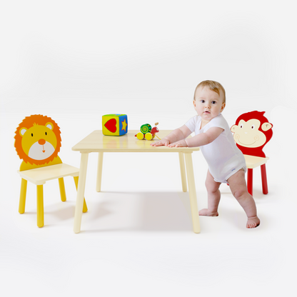 Kids Table and 2 Chairs Set 3 Pieces Toddler Table and Chair Set Wooden Activity Play Table Set (Lion&amp;Monkey)