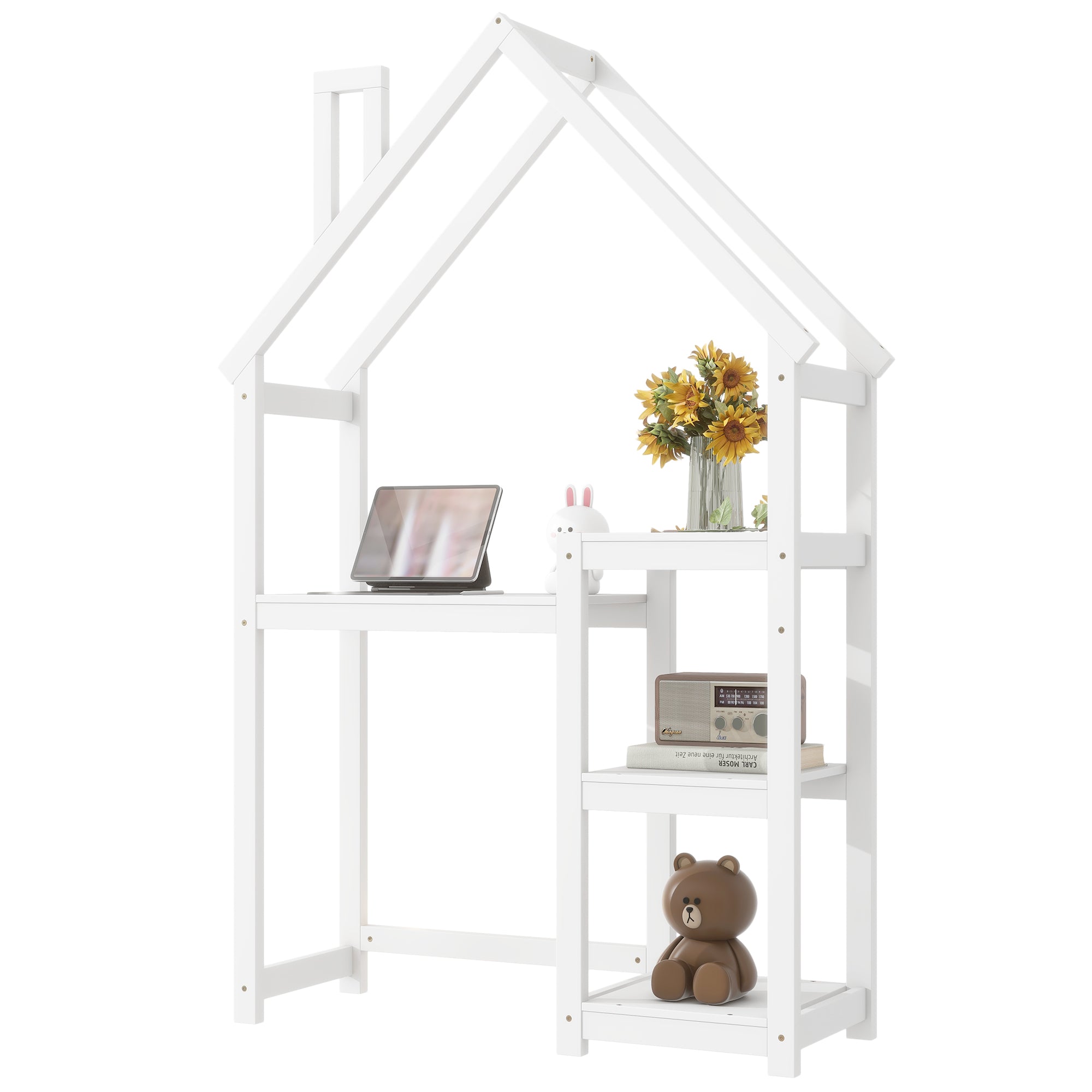 House-shaped Wooden writing Desk,Kids study Table,Bookshelf &amp; Toy Storage,White