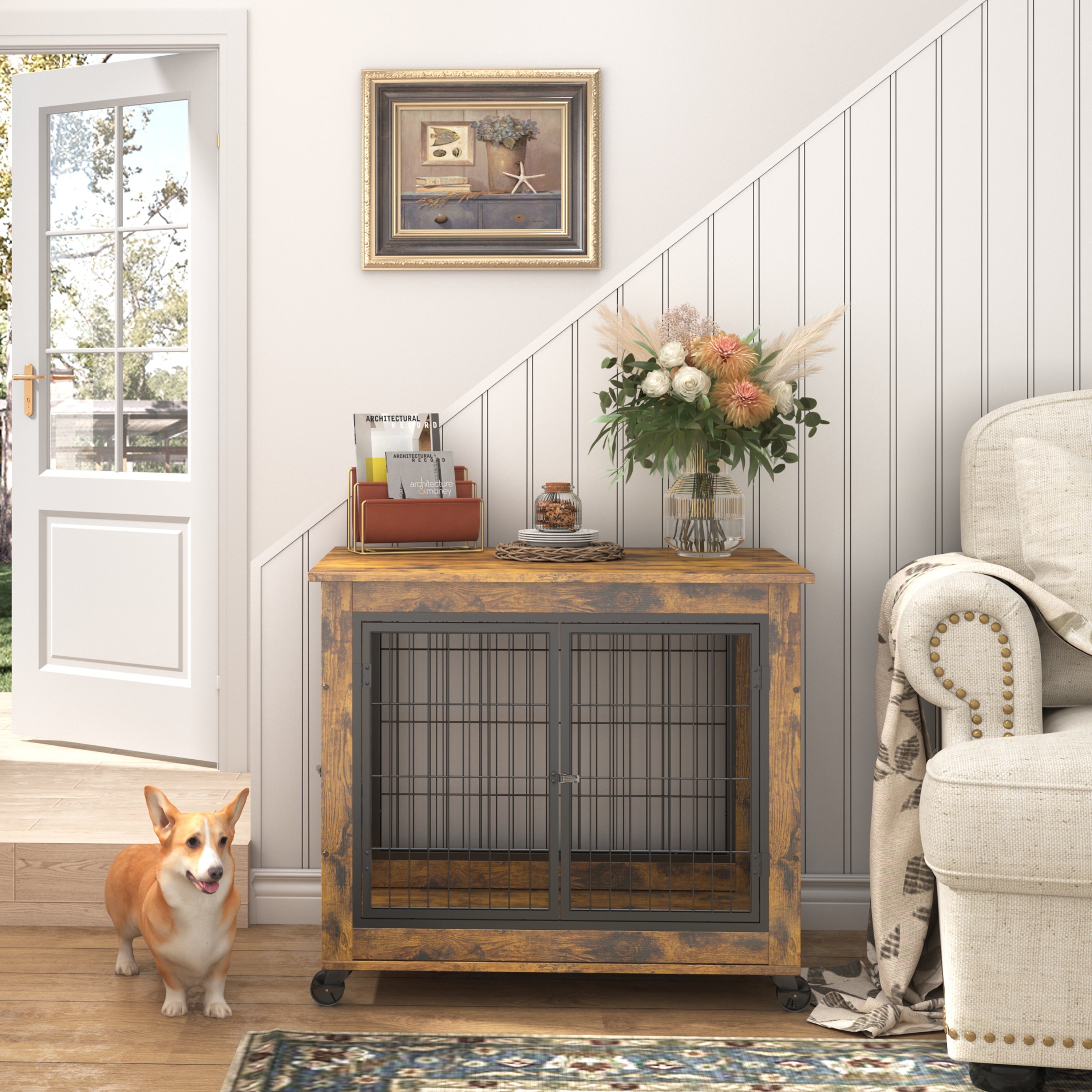 Furniture Style Dog Crate Side Table on Wheels with Double Doors and Lift Top. Rustic Brown, 31.50&