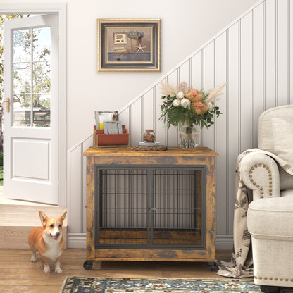 Furniture Style Dog Crate Side Table on Wheels with Double Doors and Lift Top. Rustic Brown, 31.50&