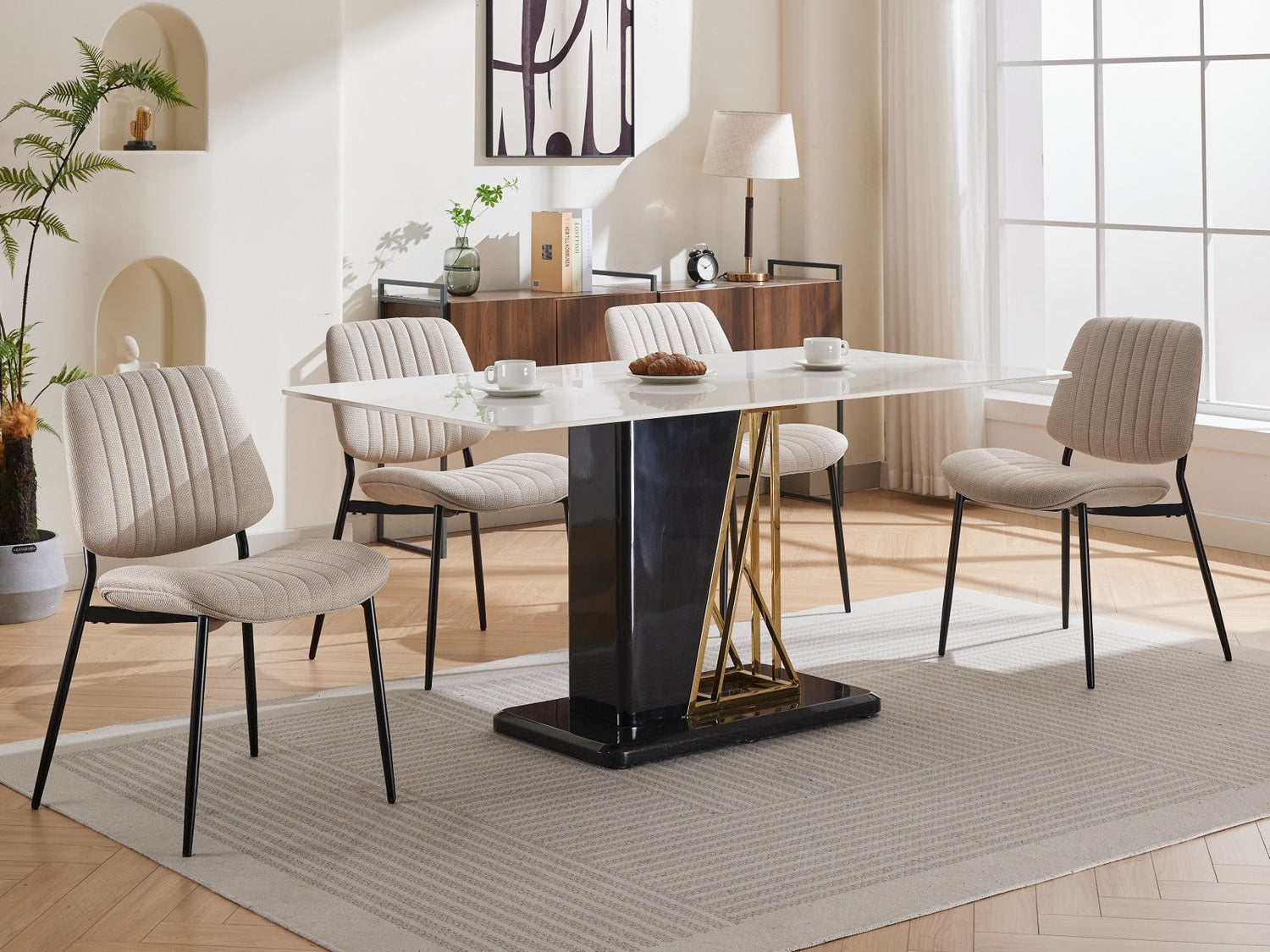 2-piece retro linen chair set with curved wooden backrest, cushioned seat, adjustable metal legs, (Beige Linen)
