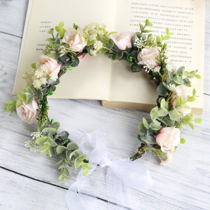 Forest style curled edge rose headband simulated starry sky flower wreath bride&