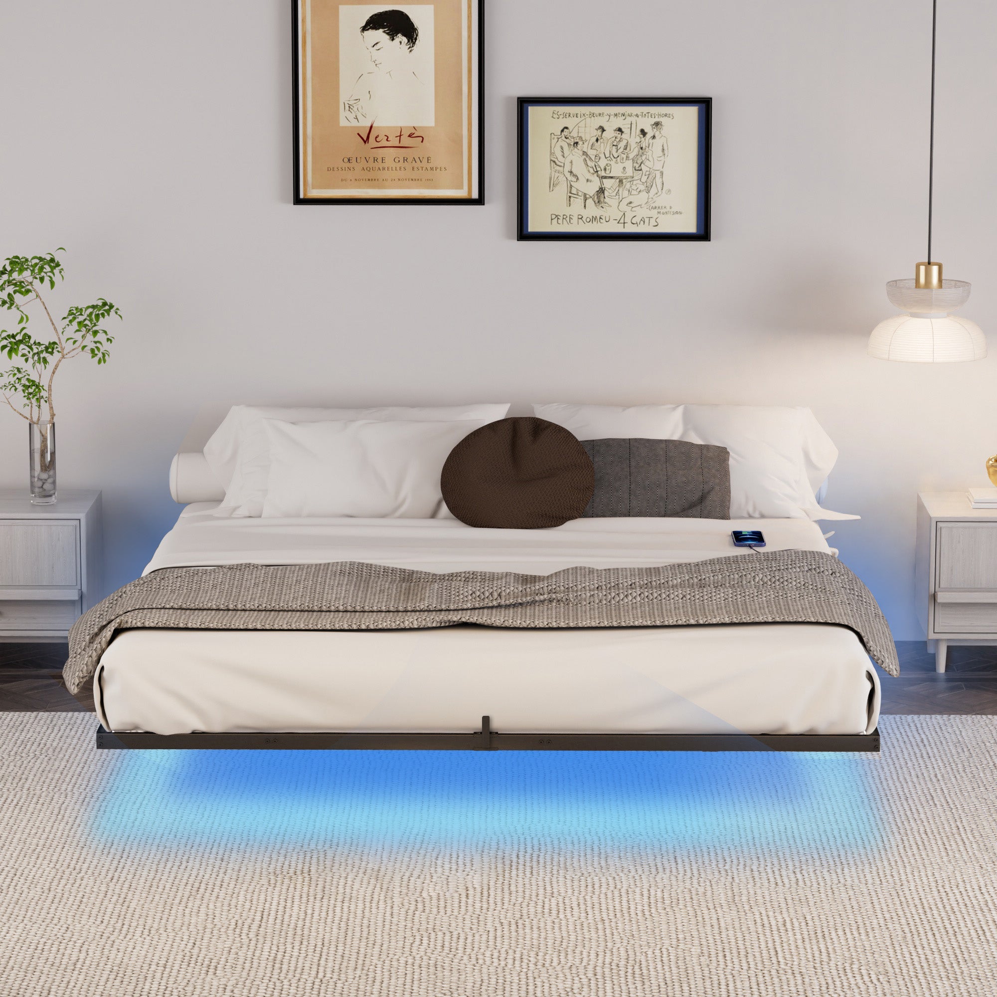 Floating Bed Frame King Size with LED Lights ＆ charging station, Metal Platform Queen Bed, 79.9&