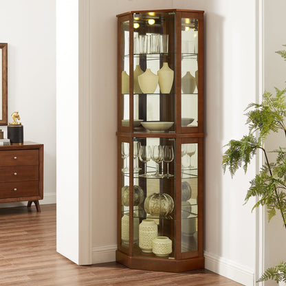 6 shelves corner Curio display cabinet with light mirror and adjustable shelves, walnut wood (excluding E26 light bulbs)