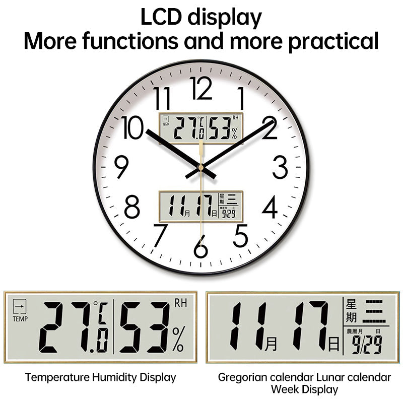 2025 New 10/12/14 - inch Electronic Calendar Wall Clock. Monitors temp &amp; humidity. Dual - display. Mute. Quartz movement.