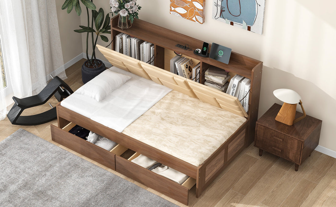 Twin Size Wood Daybed with Upholstered Storage Shelves  USB Ports and 2 Drawers  Wood Color